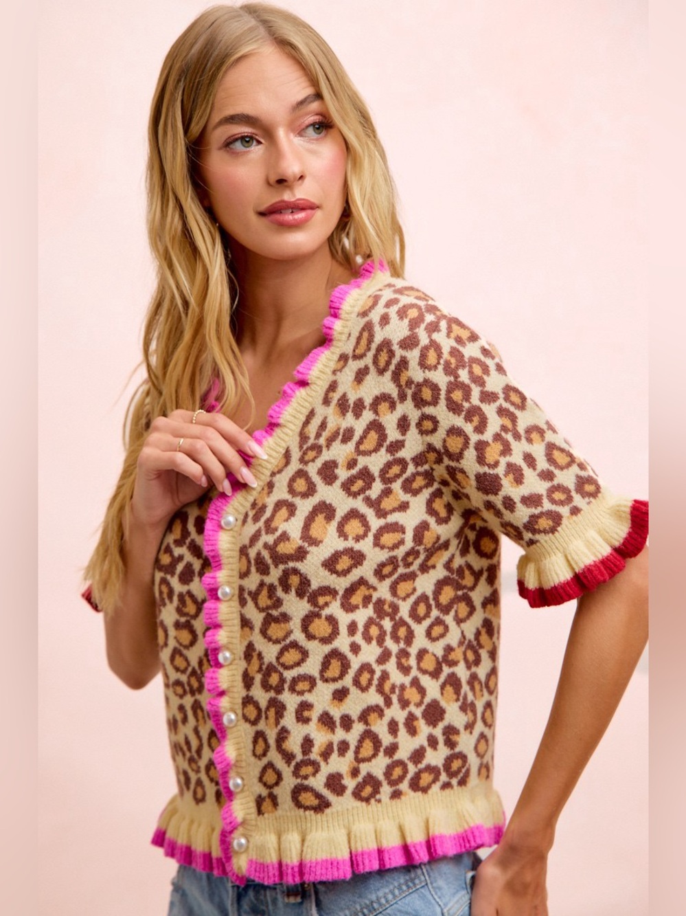 BiBi Leopard Patterned Ruffled Detail Button Cardigan - Picture 2 of 10